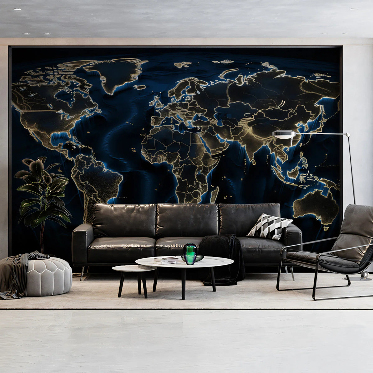 Luminous World Map Mural Wallpaper — Navy and Gold Abstract Design Mural Wallpaper - room preview 02