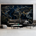 Luminous World Map Mural Wallpaper — Navy and Gold Abstract Design Mural Wallpaper - room preview 02