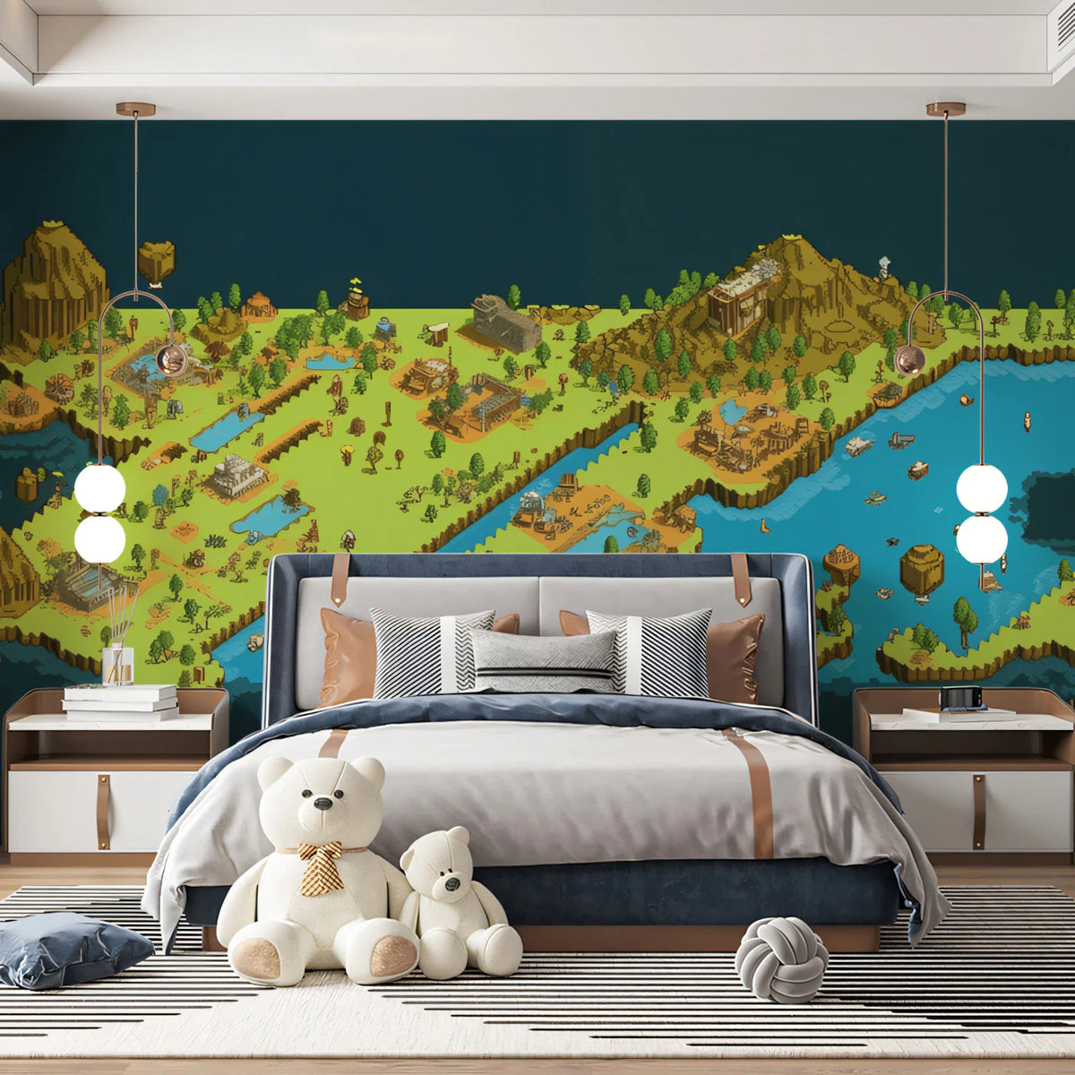 Fantasy Island Pixel Map Mural Wallpaper — Retro Isometric Design Mural Wallpaper - room preview 02