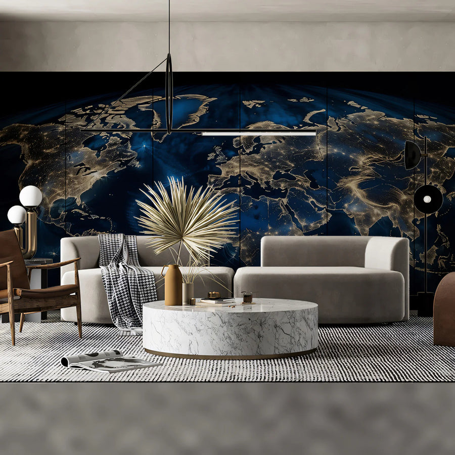 World Map Wallpaper Mural – Map Wall Mural – Global Night Lights Map — Spherical Earth Design