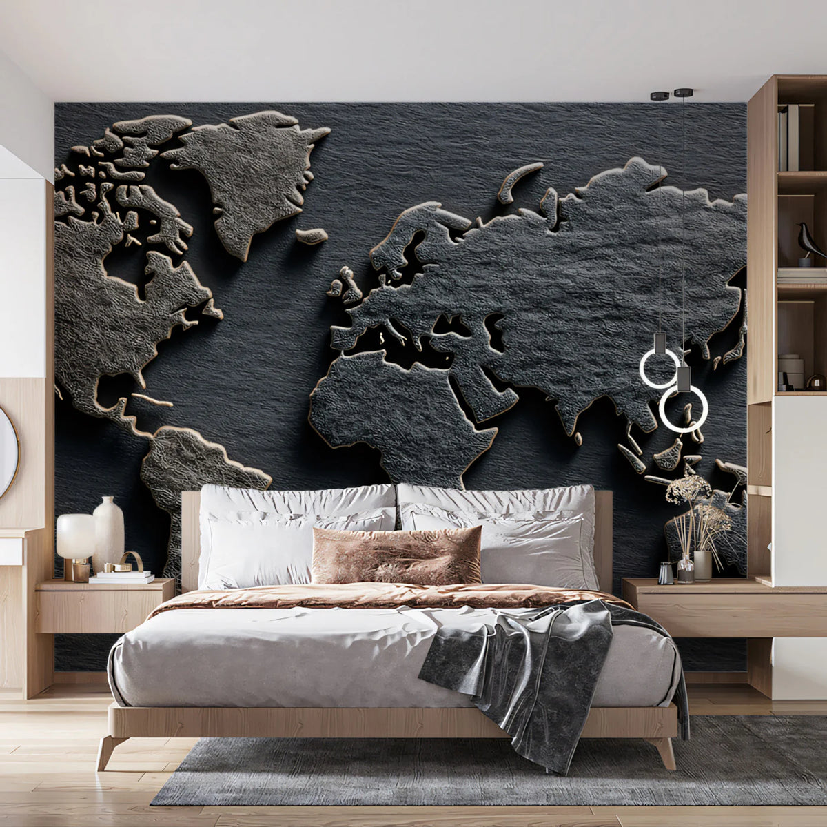 Chiseled World Map Mural Wallpaper — Rustic Stone Texture Mural Wallpaper - room preview 02