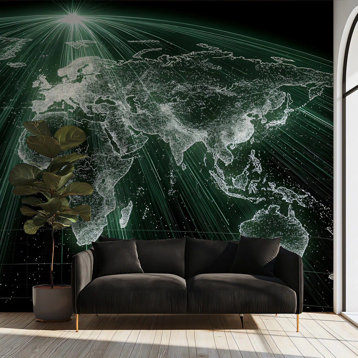 Global Data Network Mural Wallpaper — Cinematic Tech Map Mural Wallpaper - room preview 02