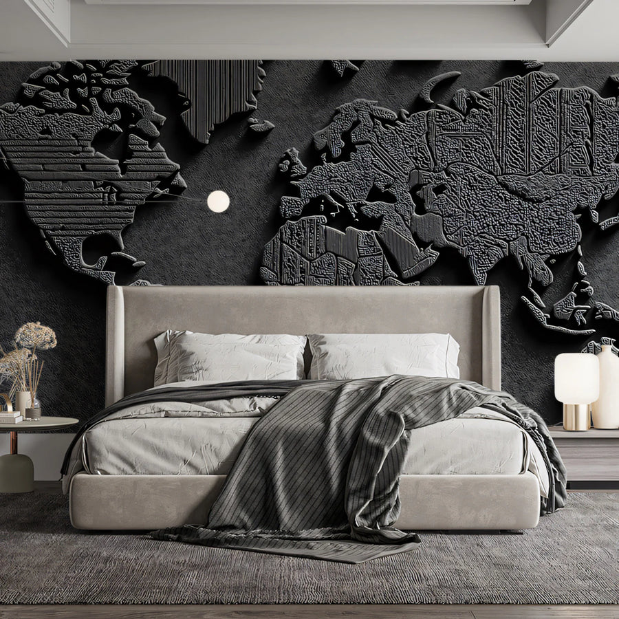 World Map Wallpaper Mural – Map Wall Mural – Textured Relief World Map — Industrial Monochrome