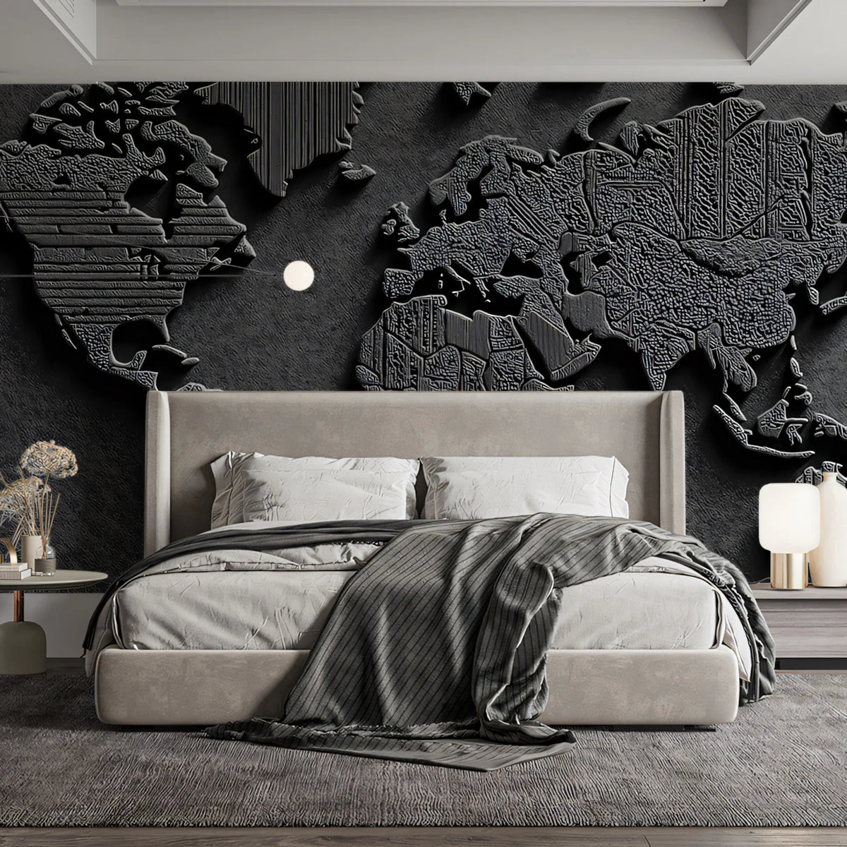 Textured Relief World Map Mural Wallpaper — Industrial Monochrome Mural Wallpaper - room preview 02