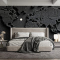 Textured Relief World Map Mural Wallpaper — Industrial Monochrome Mural Wallpaper - room preview 02