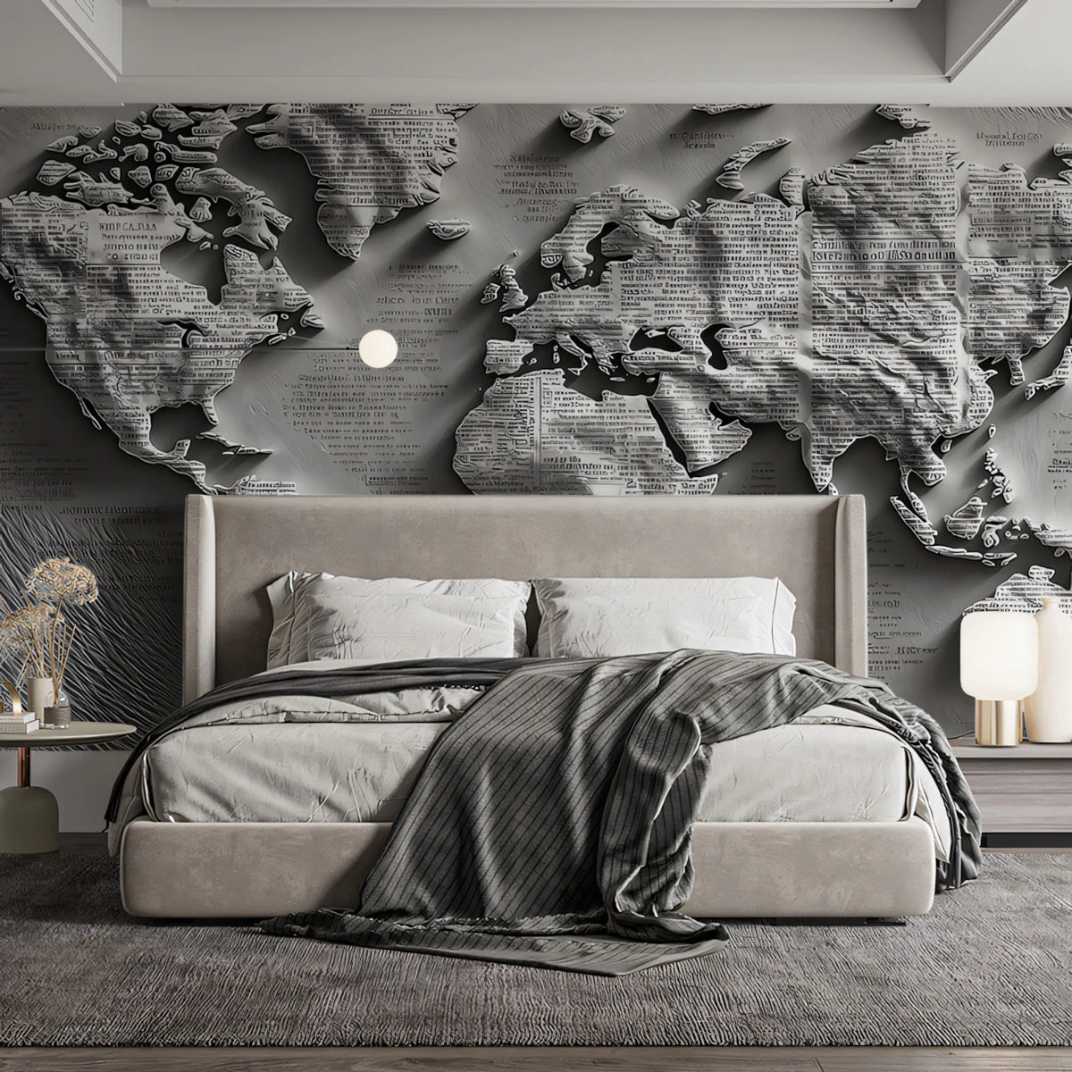 Textured Newsprint World Map Mural Wallpaper — Monochrome Relief Art Mural Wallpaper - room preview 02