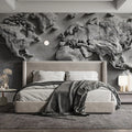 Textured Newsprint World Map Mural Wallpaper — Monochrome Relief Art Mural Wallpaper - room preview 02