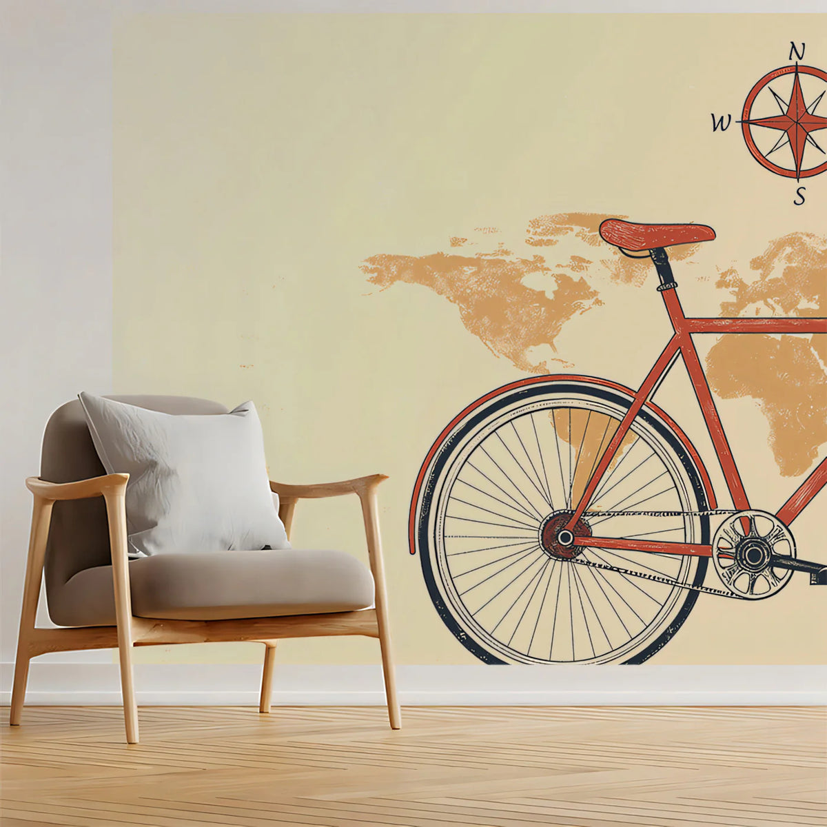 Vintage Bicycle Travel Mural Wallpaper — Hand-Drawn Map Motif Mural Wallpaper - room preview 02