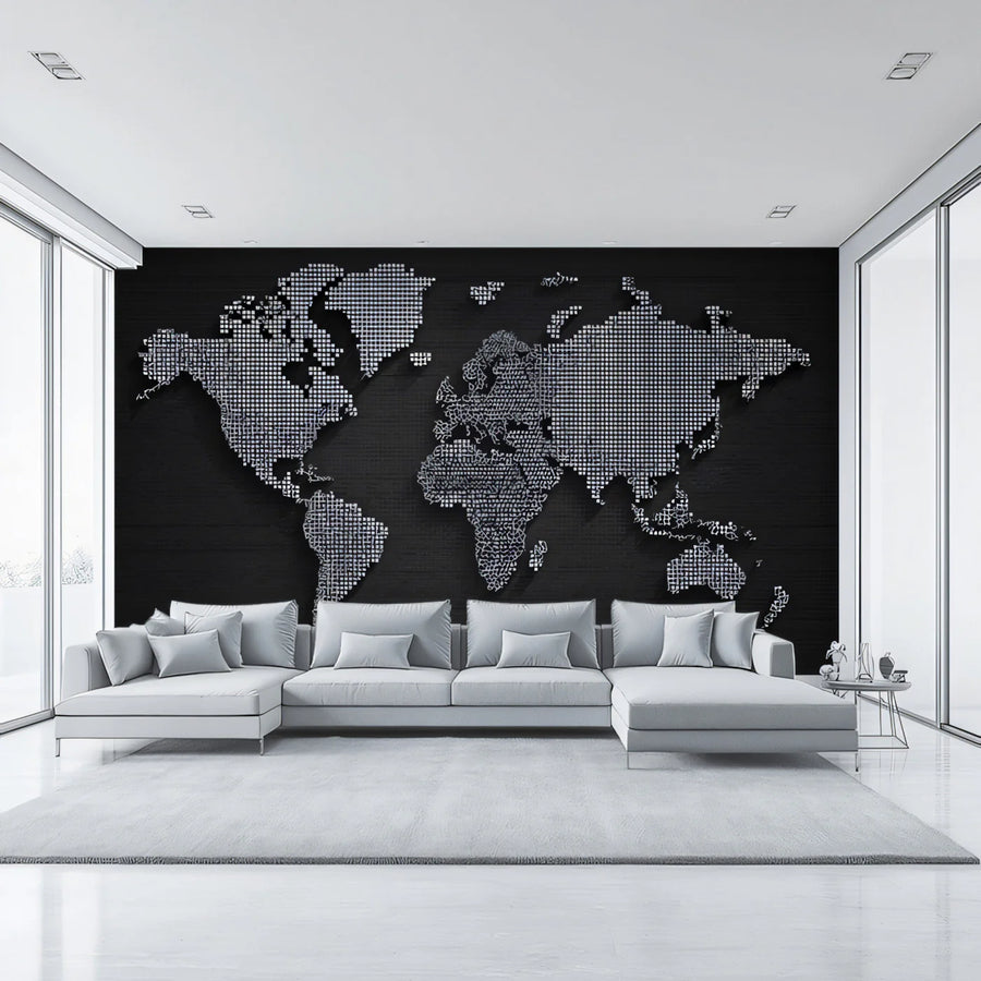 World Map Wallpaper Mural – Map Wall Mural – Halftone World Map — Modern Graphic Cartography