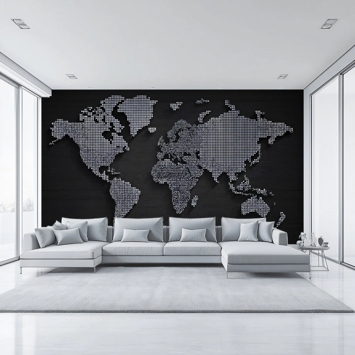 Halftone World Map Mural Wallpaper — Modern Graphic Cartography Mural Wallpaper - room preview 02