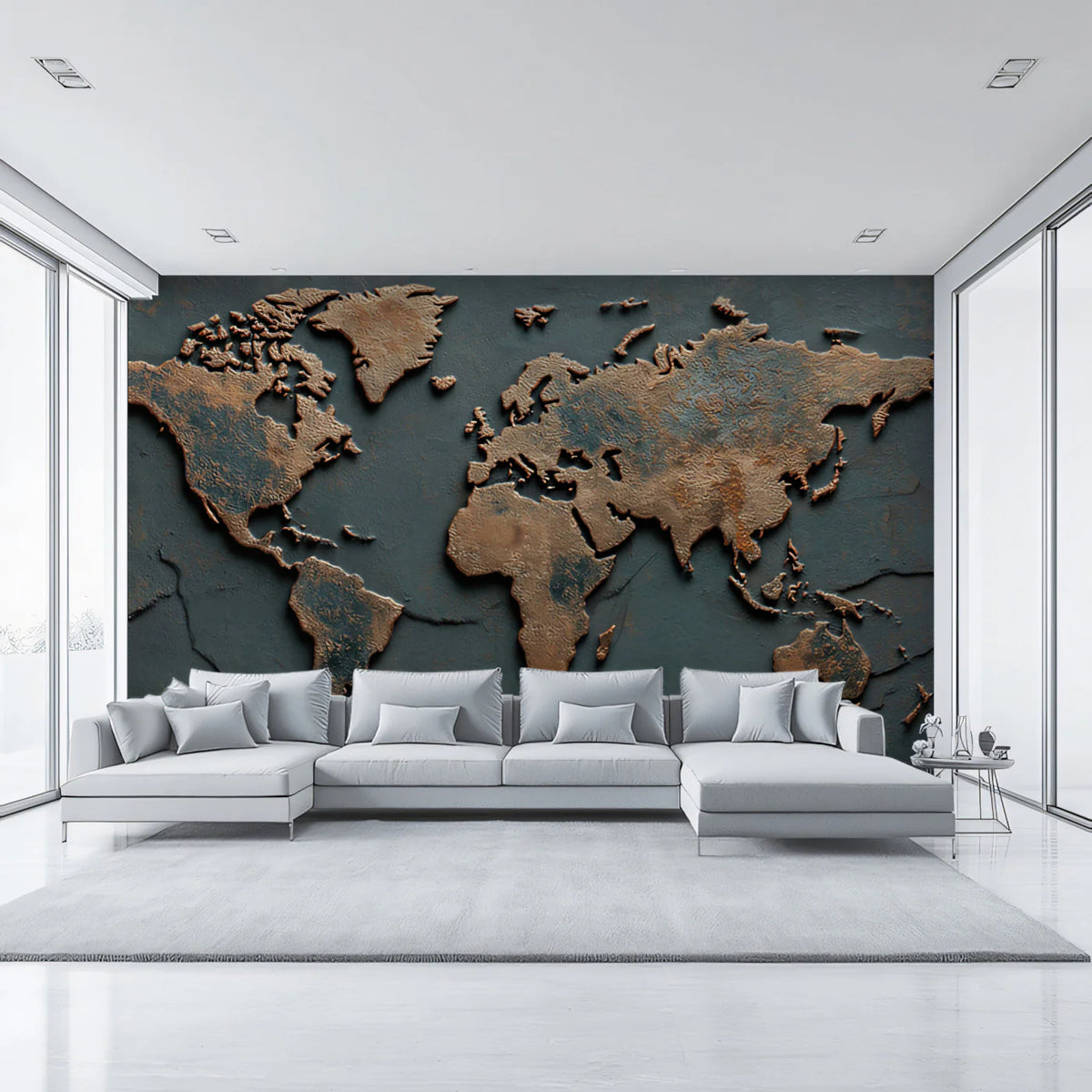 Aged Copper World Map Mural Wallpaper — Rustic Industrial Patina Mural Wallpaper - room preview 02
