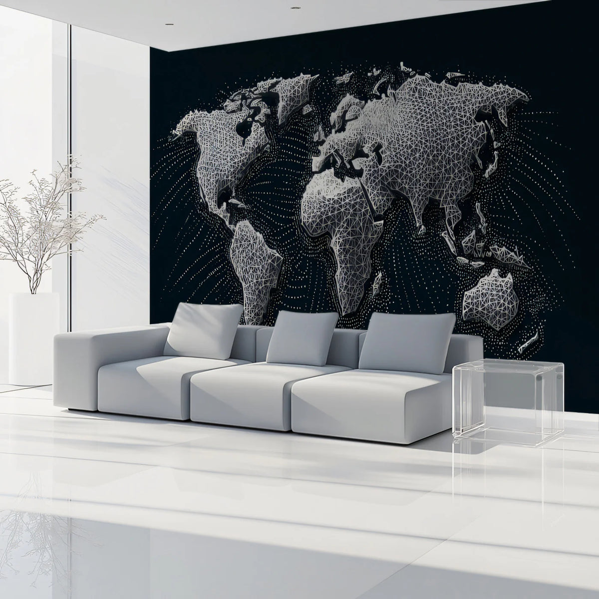 Polygonal World Map Mural Wallpaper — Geometric Data Design Mural Wallpaper - room preview 02