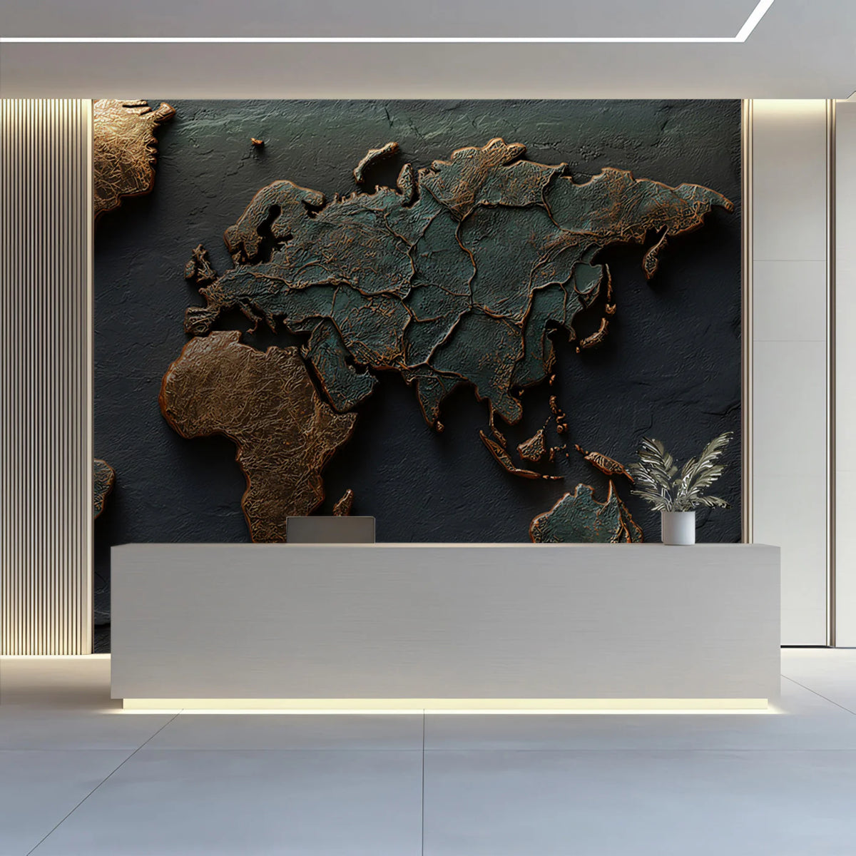 Dual-Tone Metallic World Map Mural Wallpaper — Industrial Relief Mural Wallpaper - room preview 02