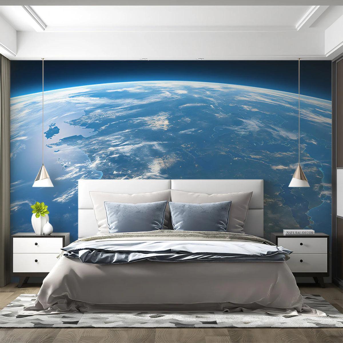 Orbital Earth View Mural Wallpaper — Cinematic Planetary Perspective Mural Wallpaper - room preview 02