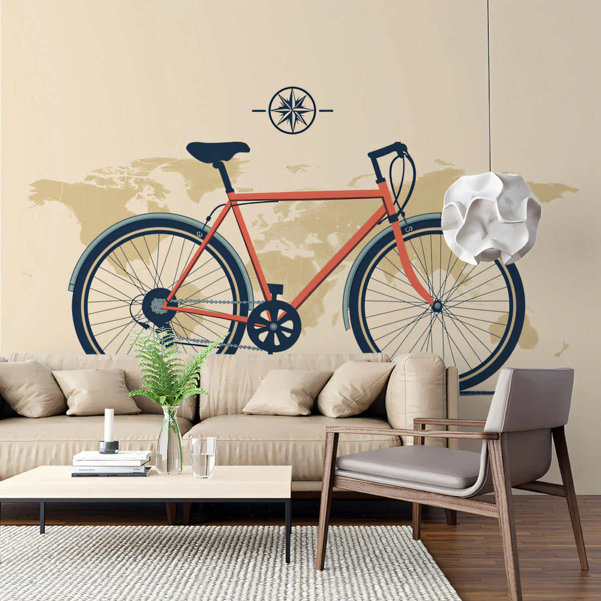 Commuter Bicycle on Vintage Map Mural Wallpaper — Minimalist Travel Mural Wallpaper - room preview 02
