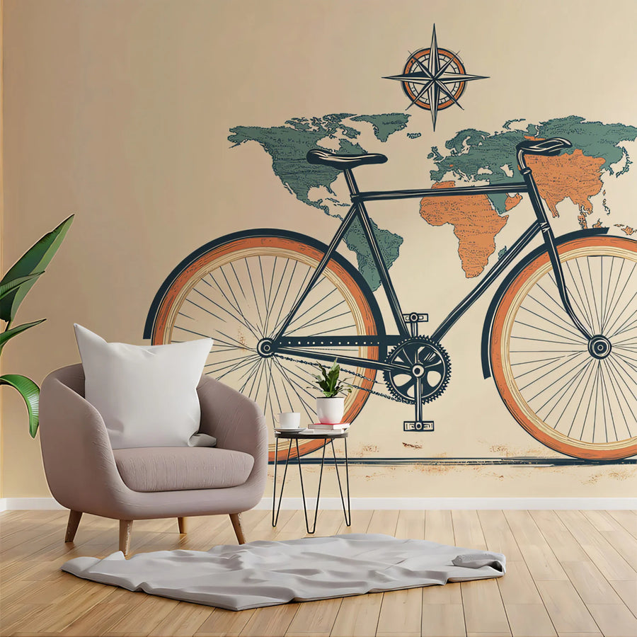 World Map Wallpaper Mural – Map Wall Mural – Vintage Bicycle and World Map — Retro Travel Decor