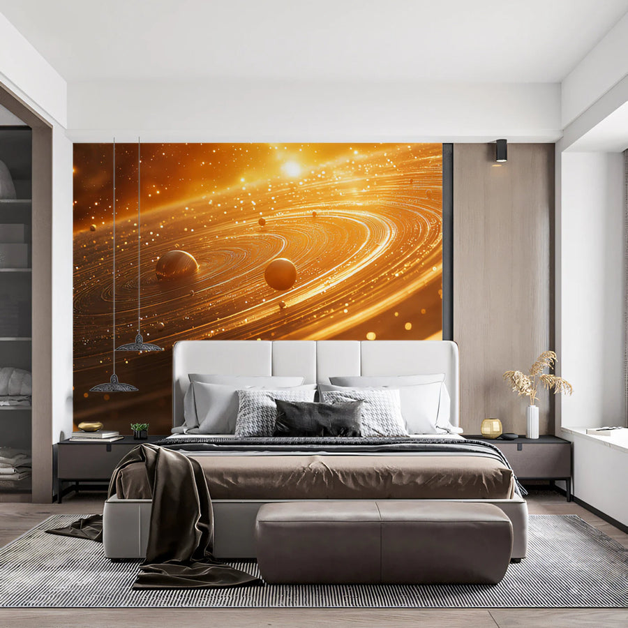 Celestial Wallpaper Mural – Stars & Moon Wall Mural – Orbital Rings Celestial —Golden Cosmic Depth