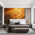 Orbital Rings Celestial Mural Wallpaper —Golden Cosmic Depth Mural Wallpaper - room preview 02