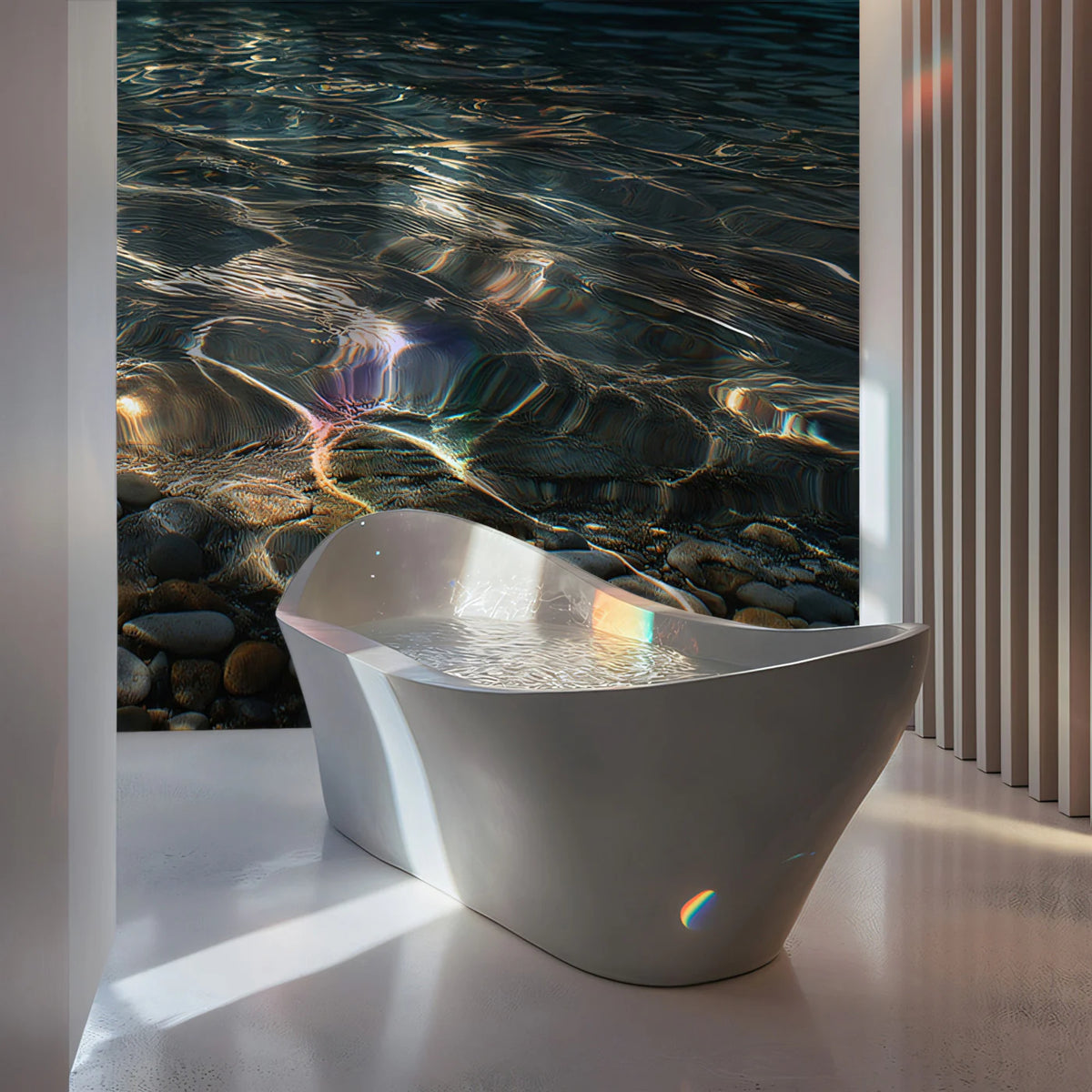 Sunlit Pebble Shore Mural Wallpaper — Calm Coastal Shoreline Mural Wallpaper - room preview 02