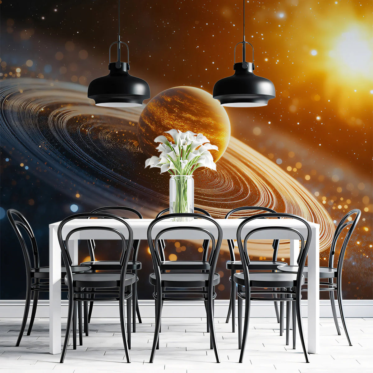 Golden Ringed Planet Mural Wallpaper —Cinematic Cosmic Design Mural Wallpaper - room preview 02