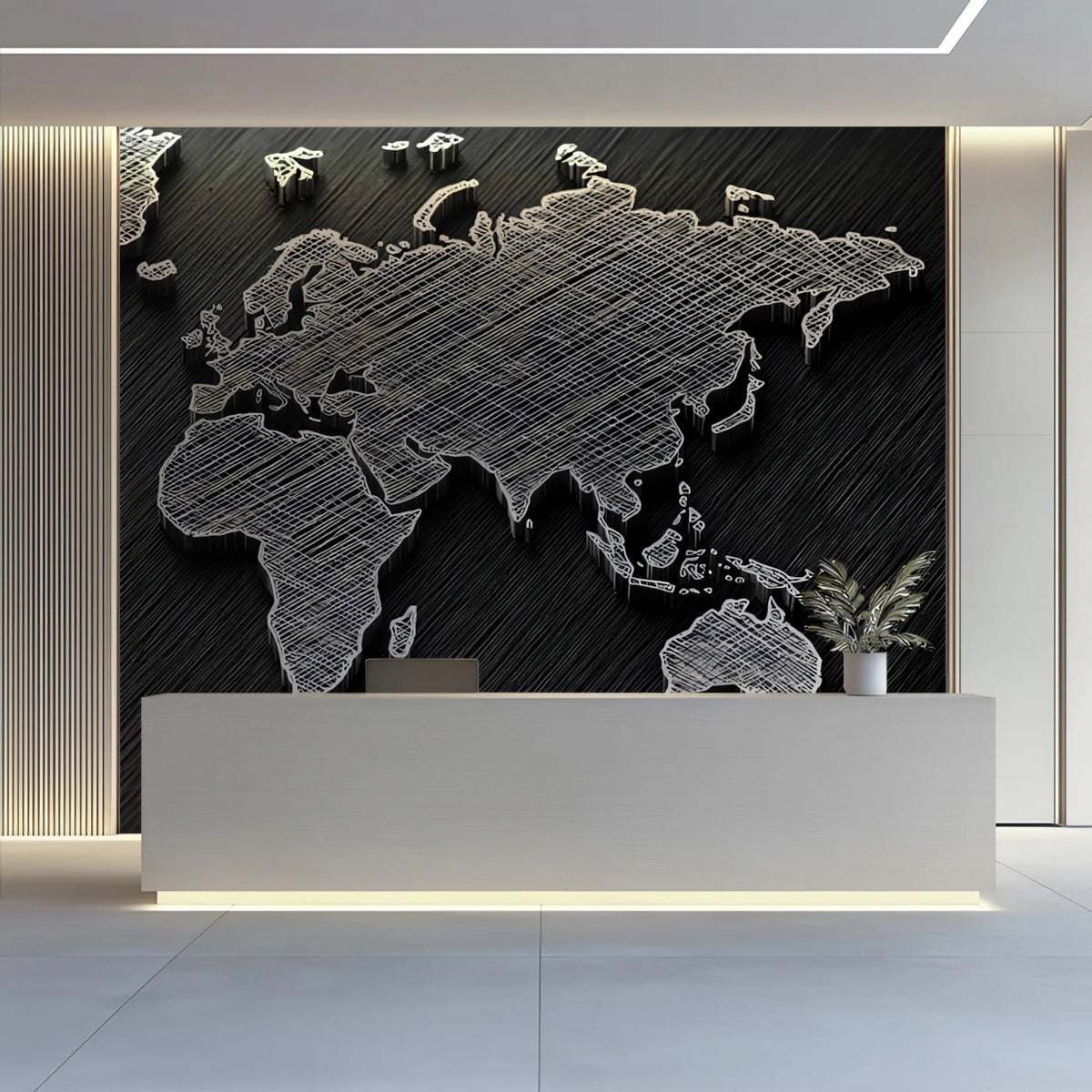 Etched World Map Mural Wallpaper — Artistic Monochrome Cartography Mural Wallpaper - room preview 02