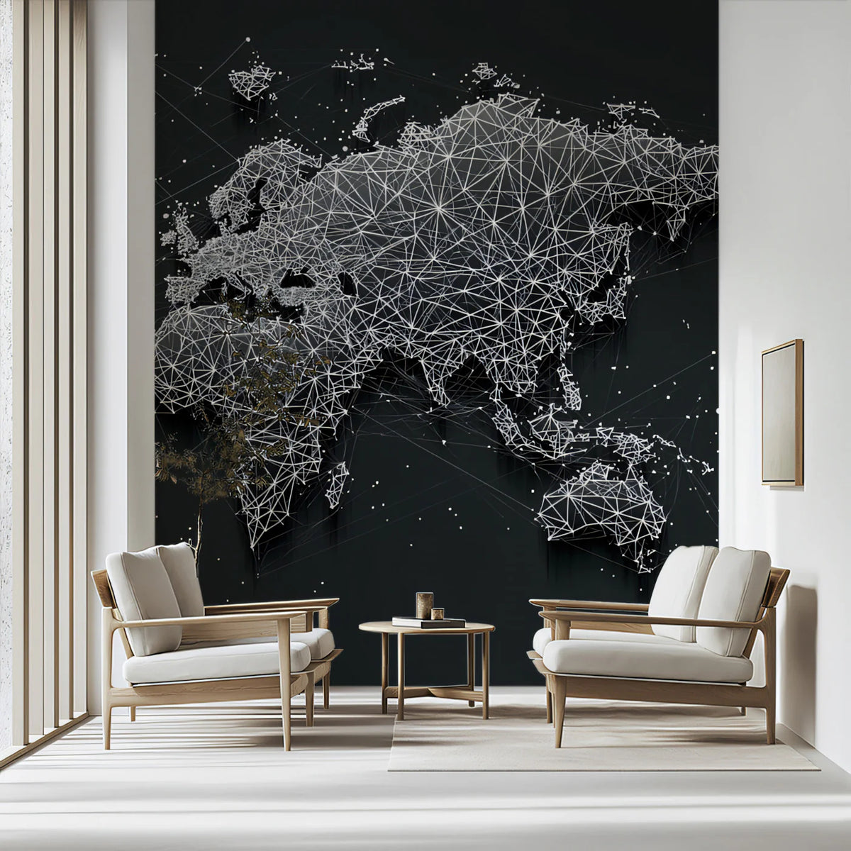 Digital World Map Mural Wallpaper — Low-Poly Mesh Network Mural Wallpaper - room preview 02