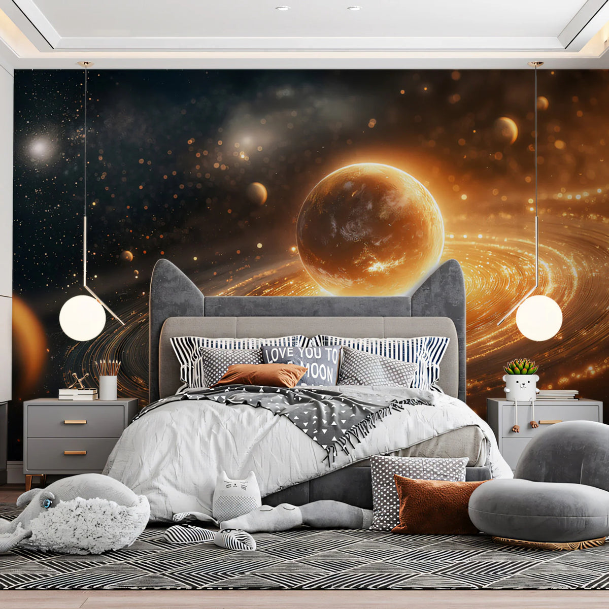Golden Ringed Planet Mural Wallpaper — Cinematic Cosmic Glow Mural Wallpaper - room preview 02