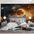 Golden Ringed Planet Mural Wallpaper — Cinematic Cosmic Glow Mural Wallpaper - room preview 02