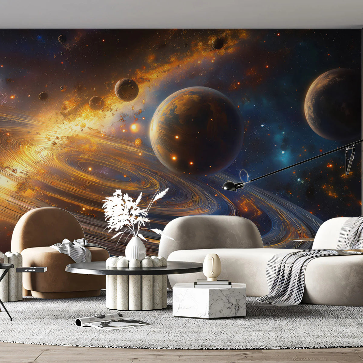 Celestial Ring System Mural Wallpaper — Dynamic Cosmic Decor Mural Wallpaper - room preview 02