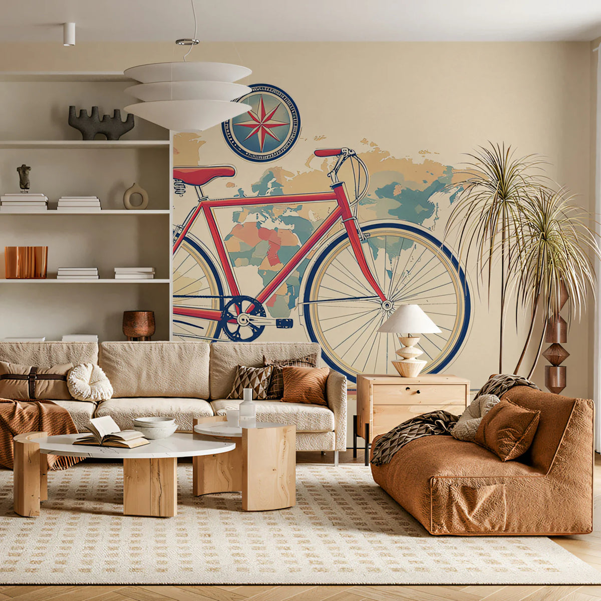 Vintage Bicycle Travel Map Mural Wallpaper — Retro Illustration Mural Wallpaper - room preview 02