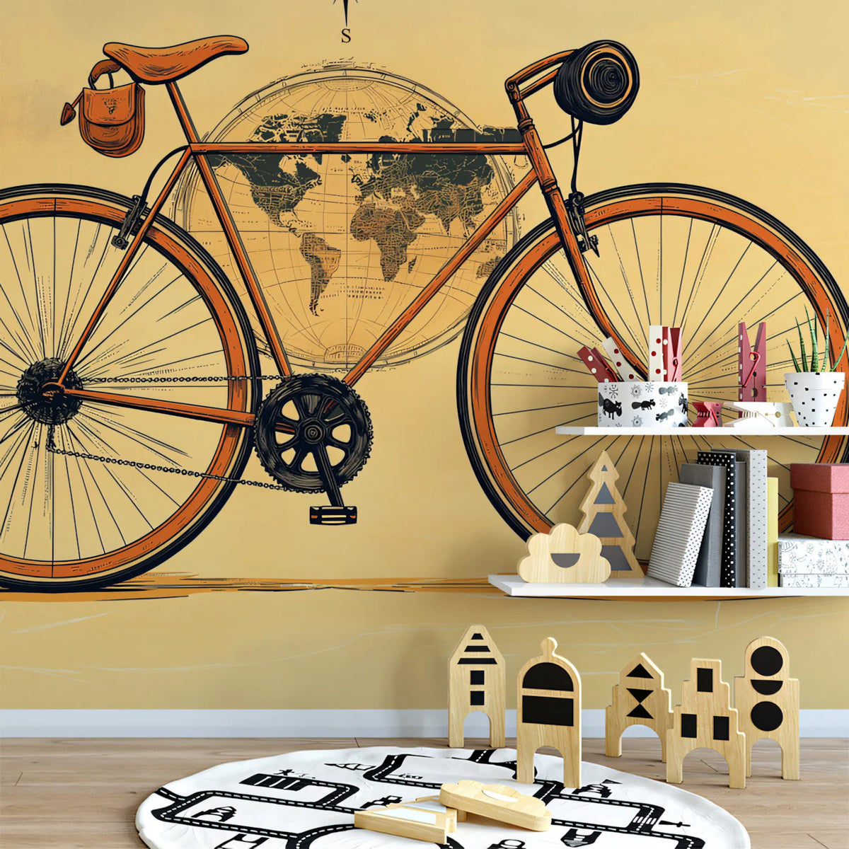Vintage Bicycle Globe Mural Wallpaper — Travel Inspired Illustration Mural Wallpaper - room preview 02
