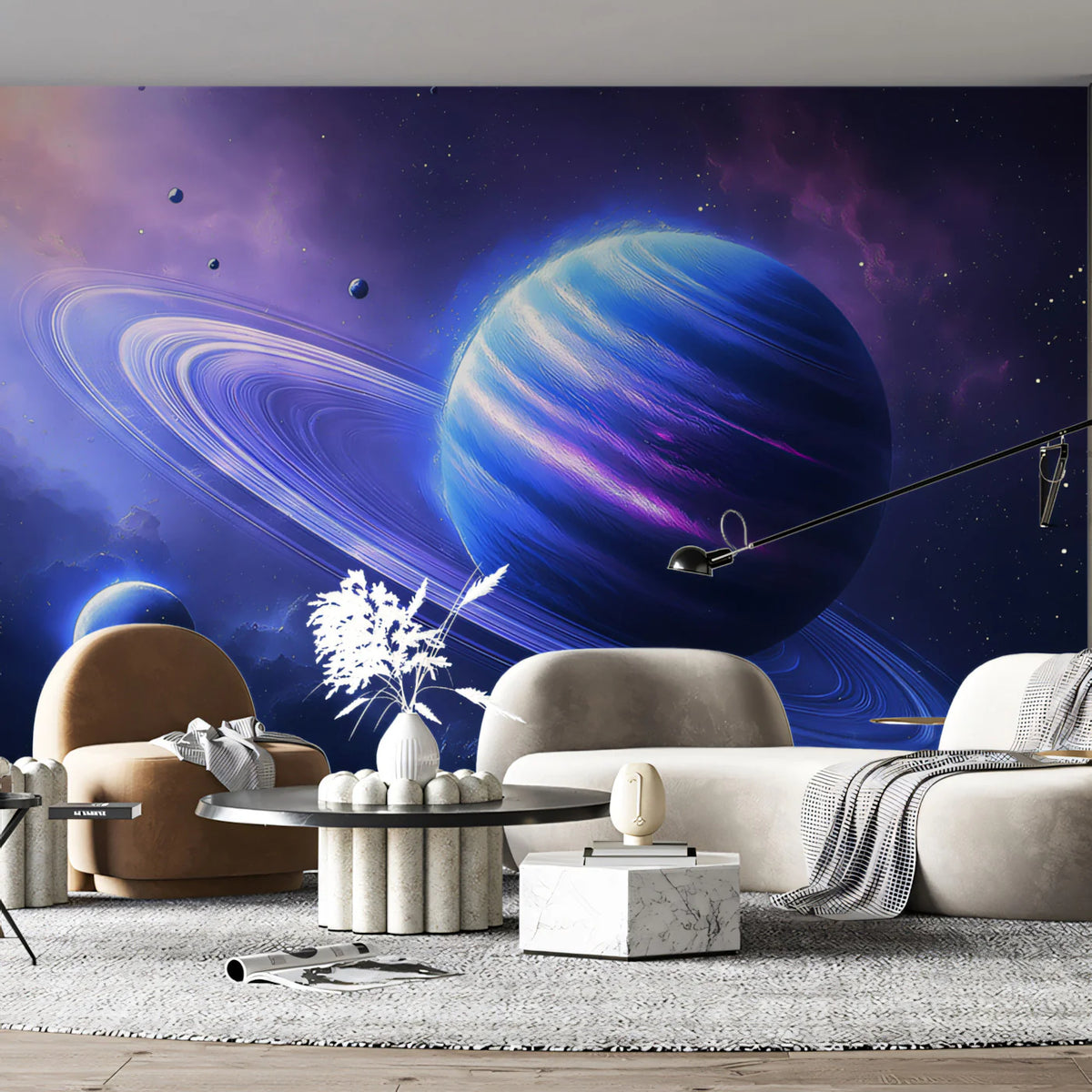Celestial Ringed Planet Mural Wallpaper — Cosmic Azure and Indigo Mural Wallpaper - room preview 02