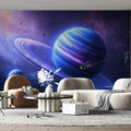 Celestial Ringed Planet Mural Wallpaper — Cosmic Azure and Indigo Mural Wallpaper - room preview 02