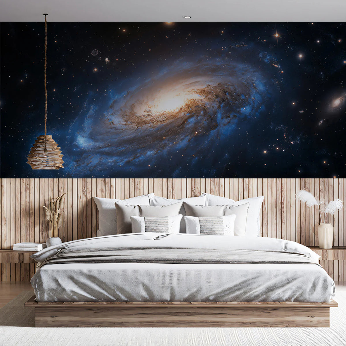 Spiral Galaxy Mural Wallpaper — Cosmic Blue and Gold Astronomy Mural Wallpaper - room preview 02