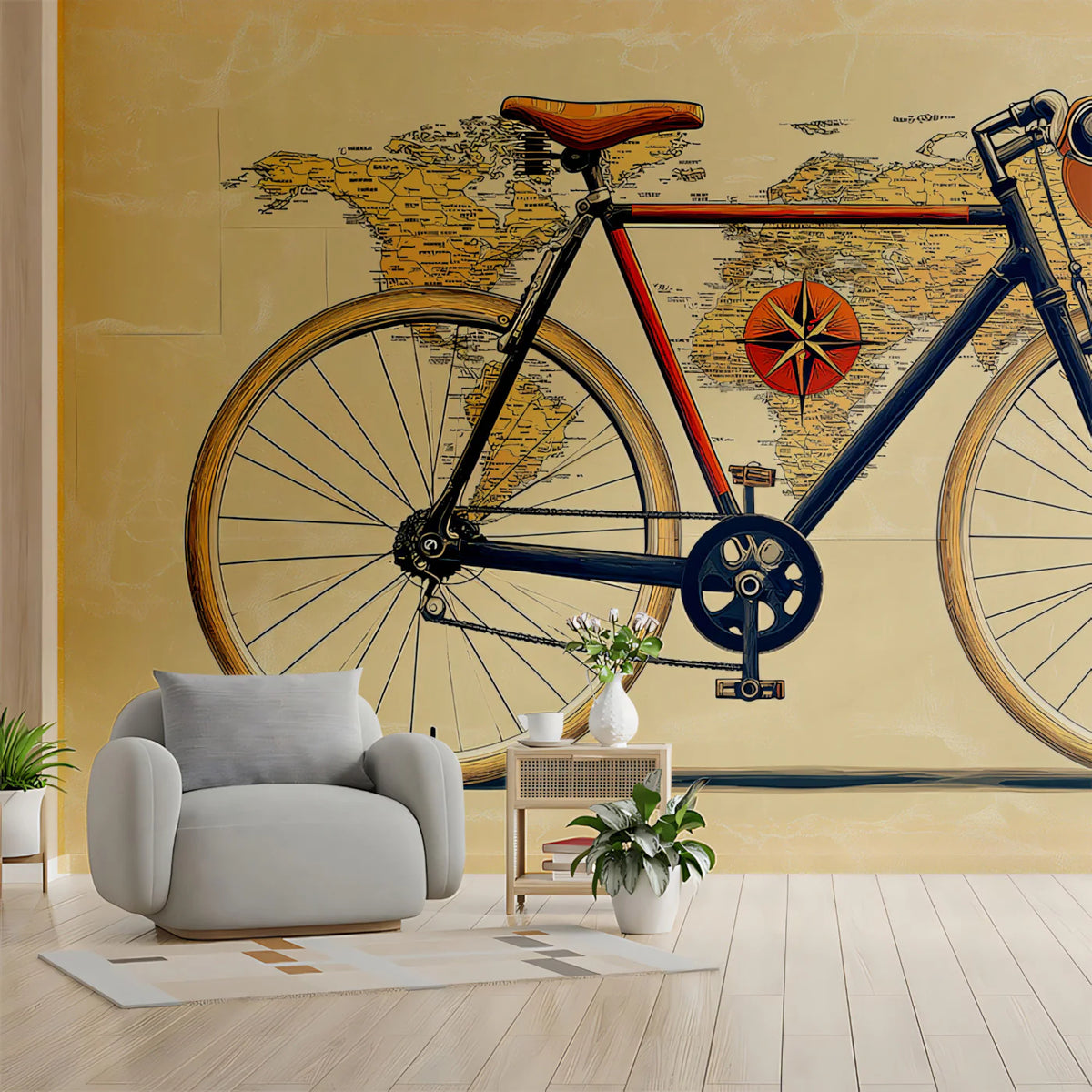 Vintage Bicycle World Map Mural Wallpaper — Retro Travel Illustration Mural Wallpaper - room preview 02