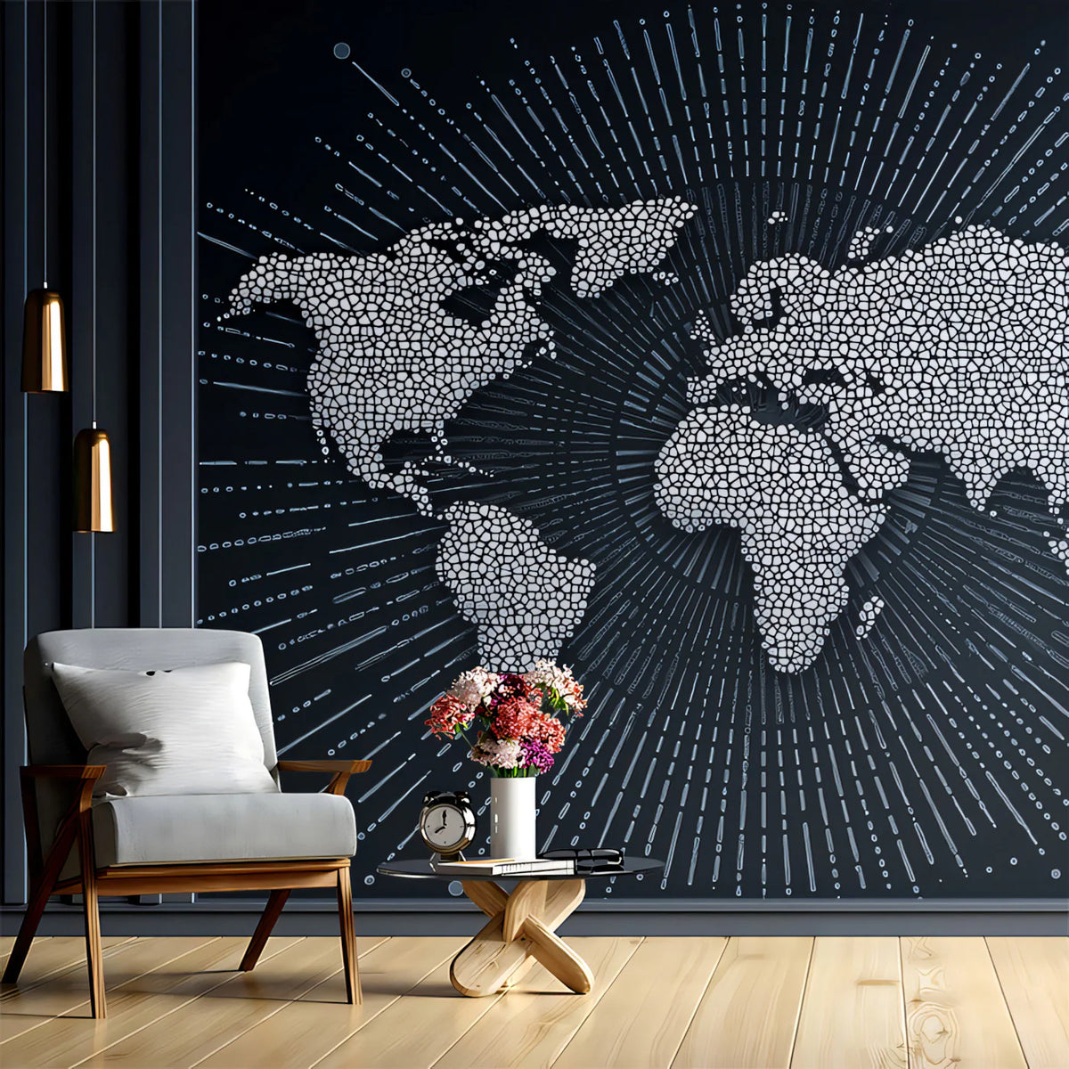 Stippled World Map Mural Wallpaper — Bold Monochrome Burst Mural Wallpaper - room preview 02