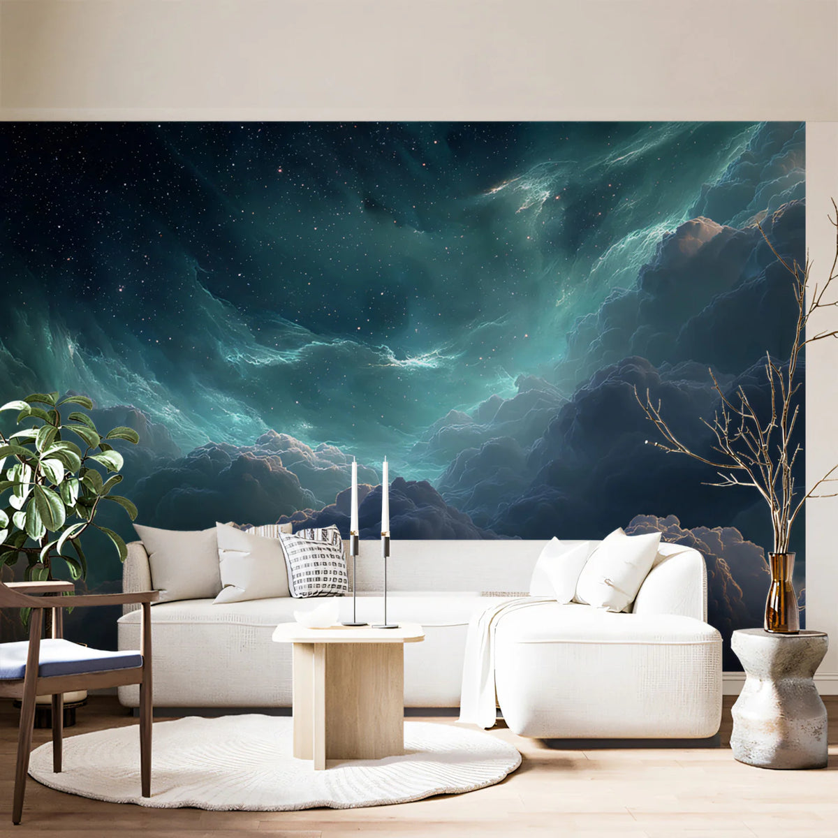 Nebula Clouds Mural Wallpaper — Deep Teal and Indigo Cosmic View Mural Wallpaper - room preview 02