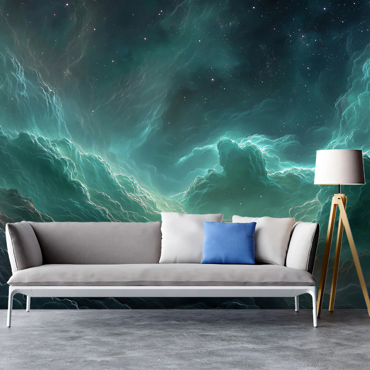 Emerald Nebula Cloud Mural Wallpaper — Deep Space Cosmic Design Mural Wallpaper - room preview 02