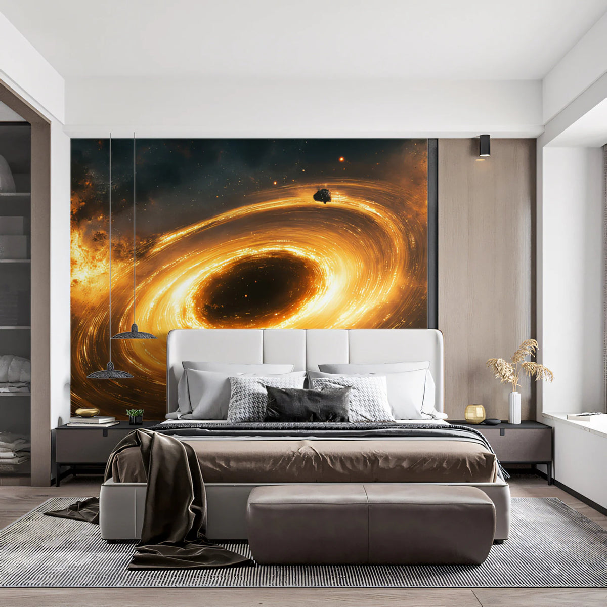 Cosmic Accretion Vortex Mural Wallpaper — Dramatic Space Design Mural Wallpaper - room preview 02