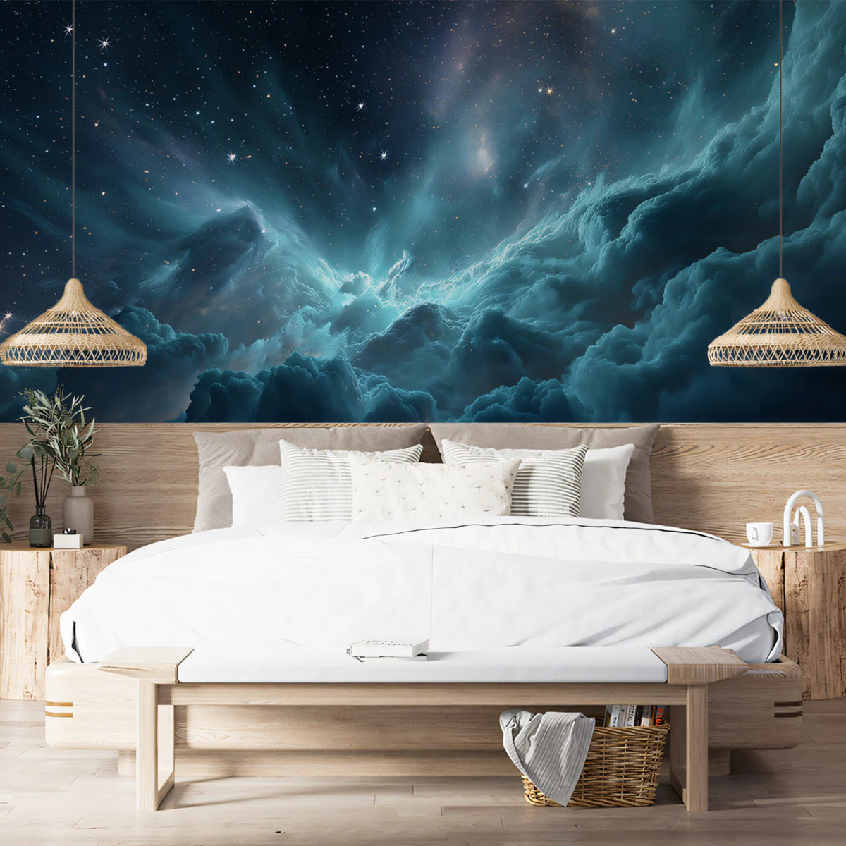 Nebula Cloudscape Mural Wallpaper — Deep Teal and Cosmic Blue Mural Wallpaper - room preview 02