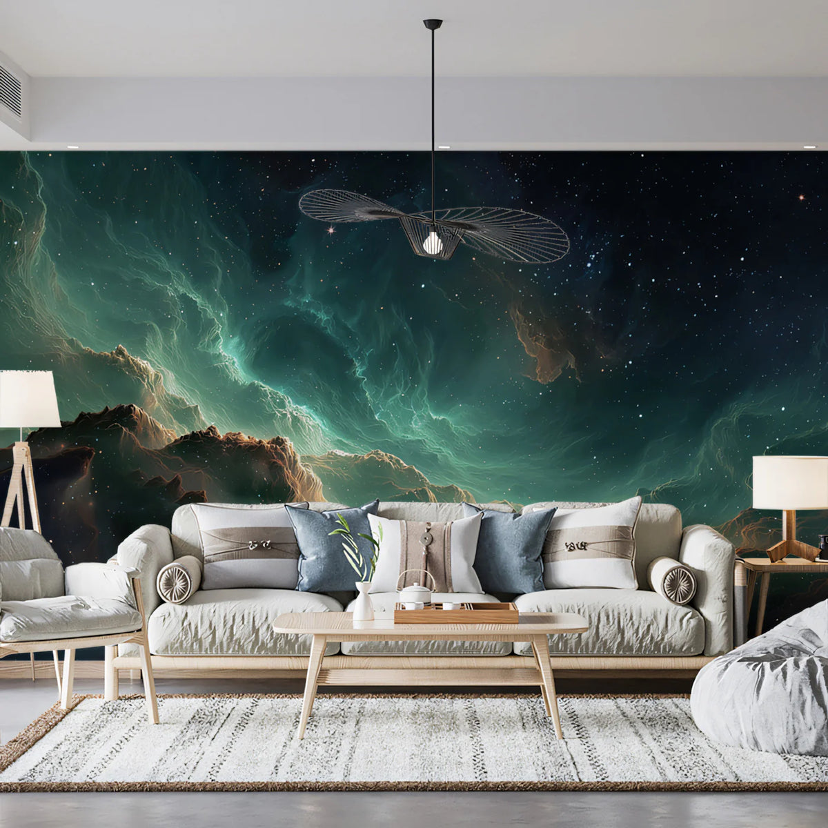 Nebula Canyon Mural Wallpaper — Teal and Gold Cosmic Landscape Mural Wallpaper - room preview 02