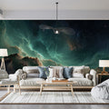 Nebula Canyon Mural Wallpaper — Teal and Gold Cosmic Landscape Mural Wallpaper - room preview 02