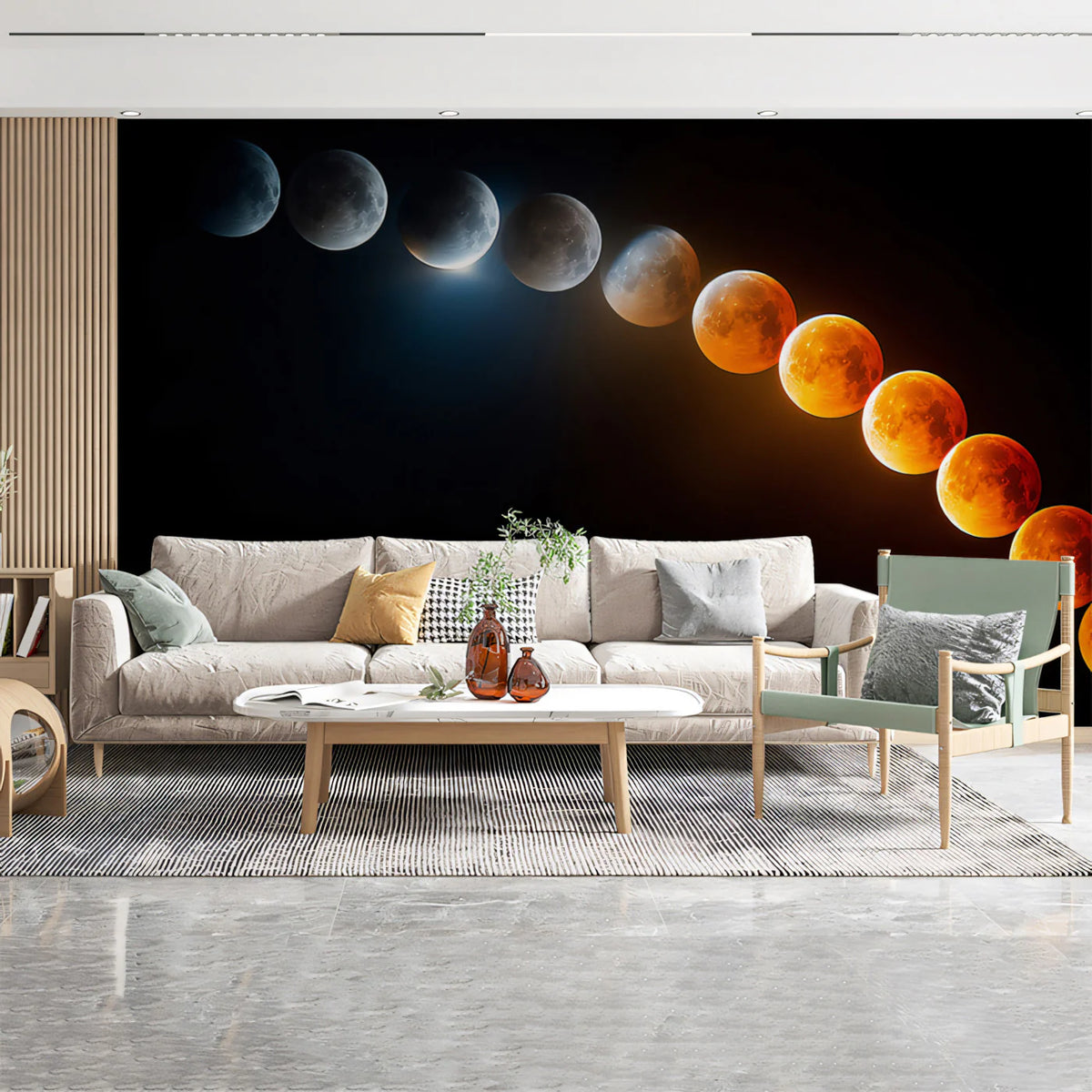 Lunar Eclipse Progression Mural Wallpaper Full Color Shift, Time-Lapse Celestial Event, Dark Background Mural Wallpaper - room preview 02