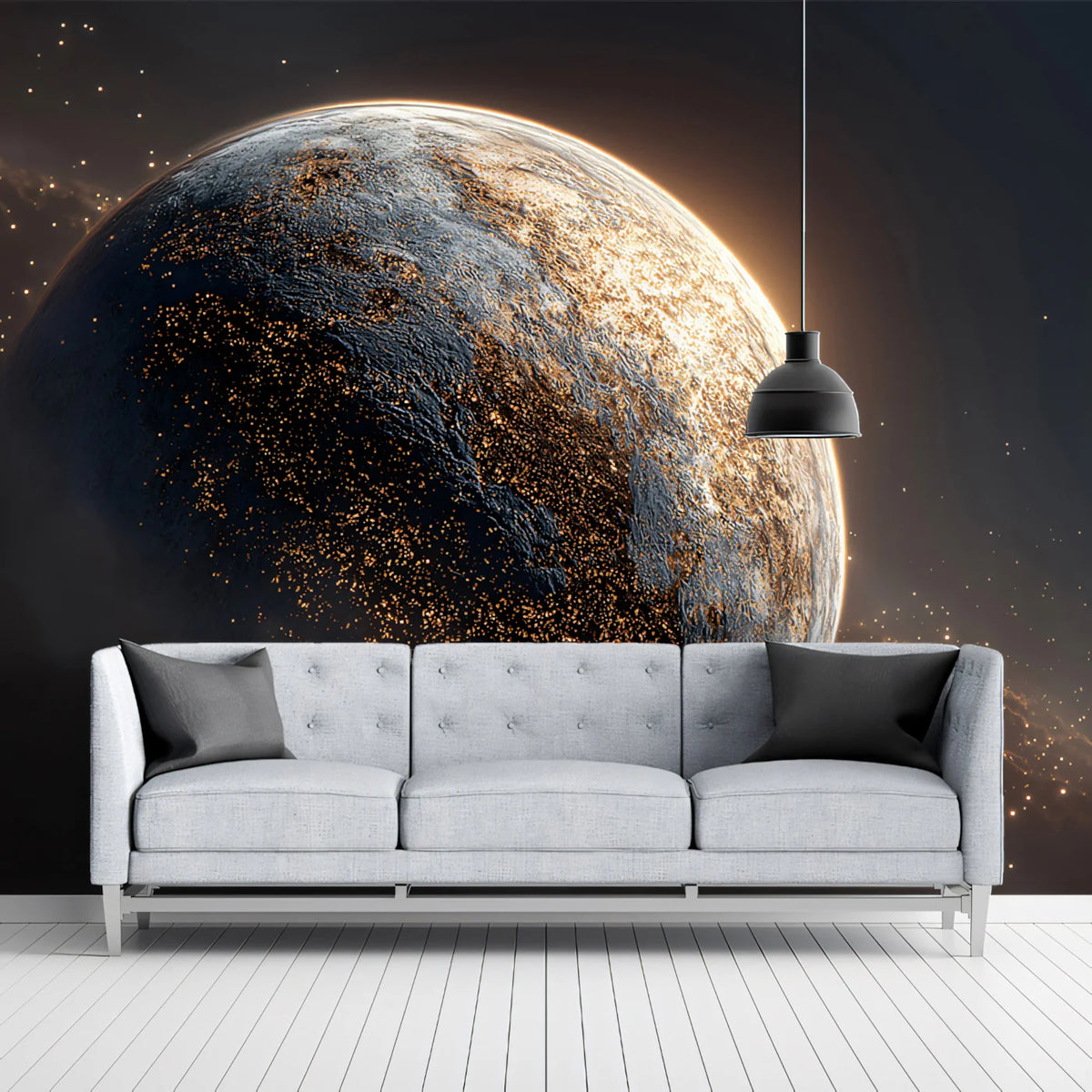 Cosmic Night City Planet Mural Wallpaper — Cinematic Orbit View Mural Wallpaper - room preview 02