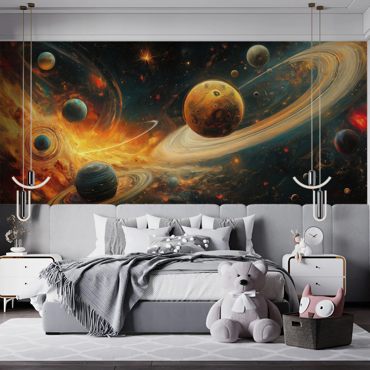 Cosmic Planetary System Mural Wallpaper — Dynamic Nebula Art Mural Wallpaper - room preview 02