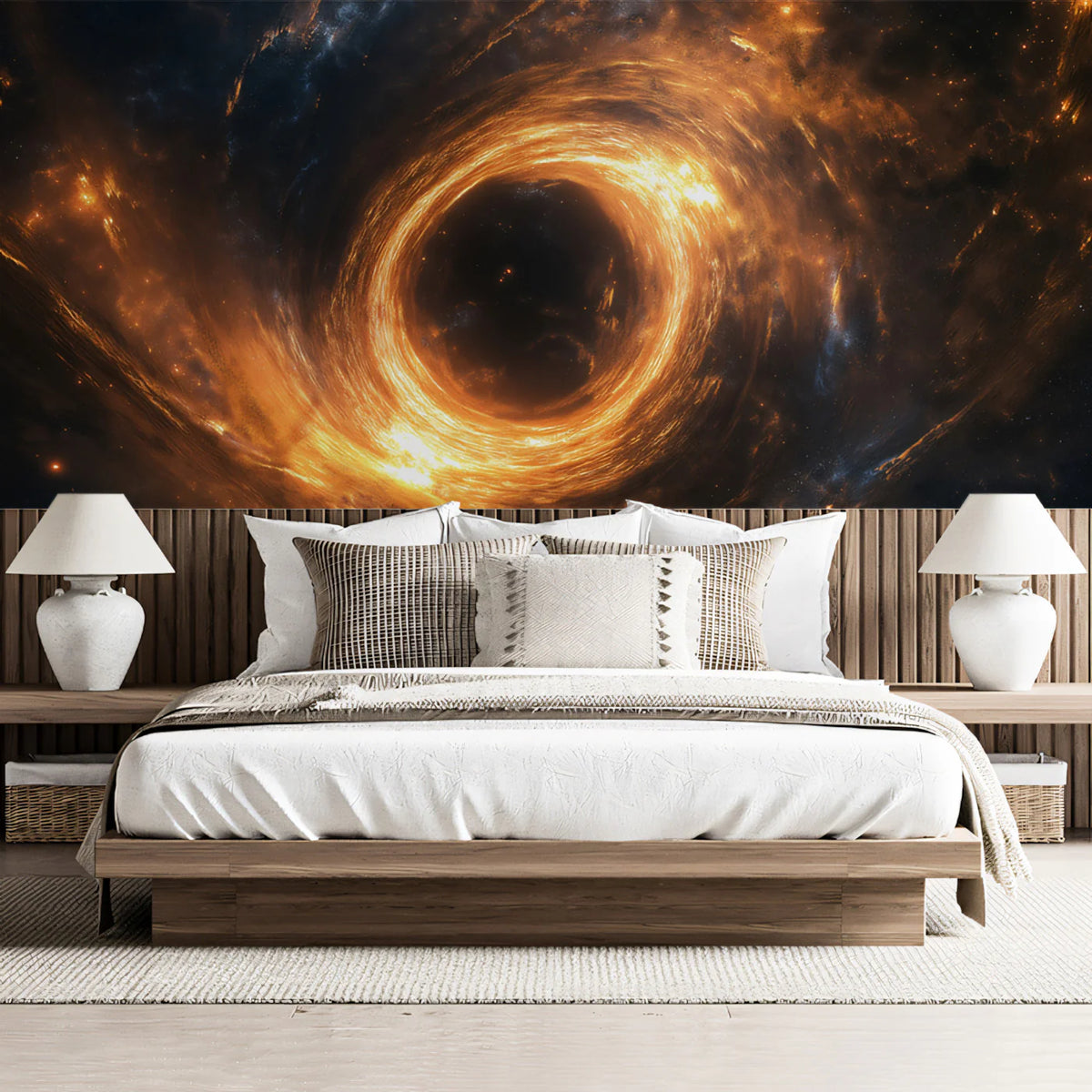 Cosmic Black Hole Accretion Disk Mural Wallpaper — Fiery Vortex Mural Wallpaper - room preview 02