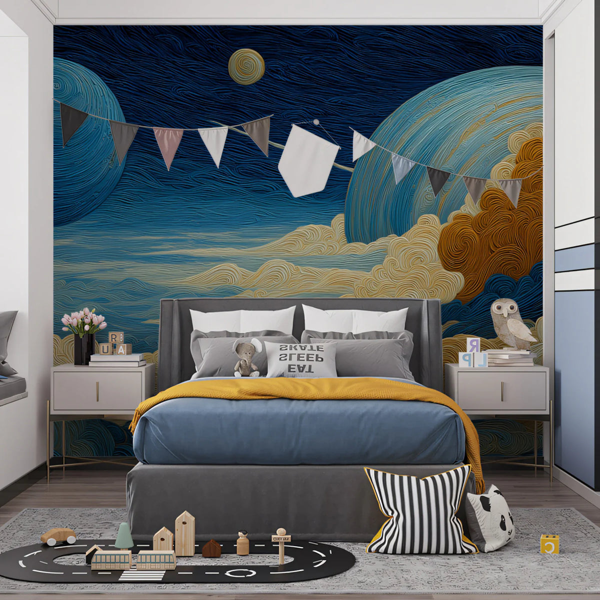 Celestial Cloudscape Mural Wallpaper — Textured Artistic Cosmic Scene Mural Wallpaper - room preview 02