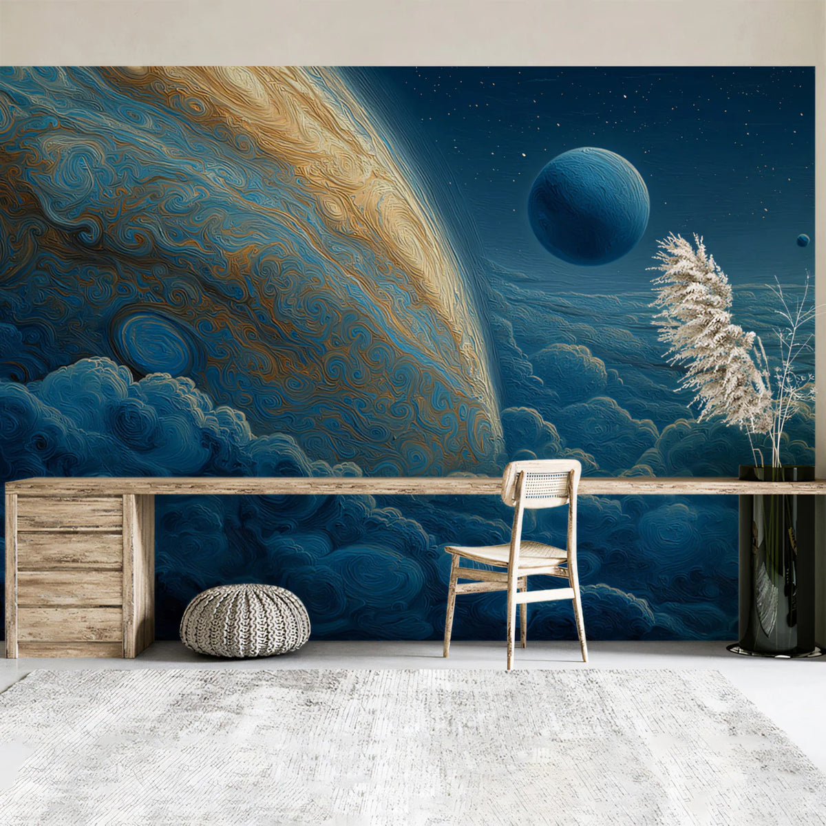 Cosmic Gas Giant Mural Wallpaper — Swirling Blue and Gold Clouds Mural Wallpaper - room preview 02