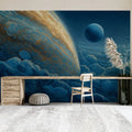 Cosmic Gas Giant Mural Wallpaper — Swirling Blue and Gold Clouds Mural Wallpaper - room preview 02