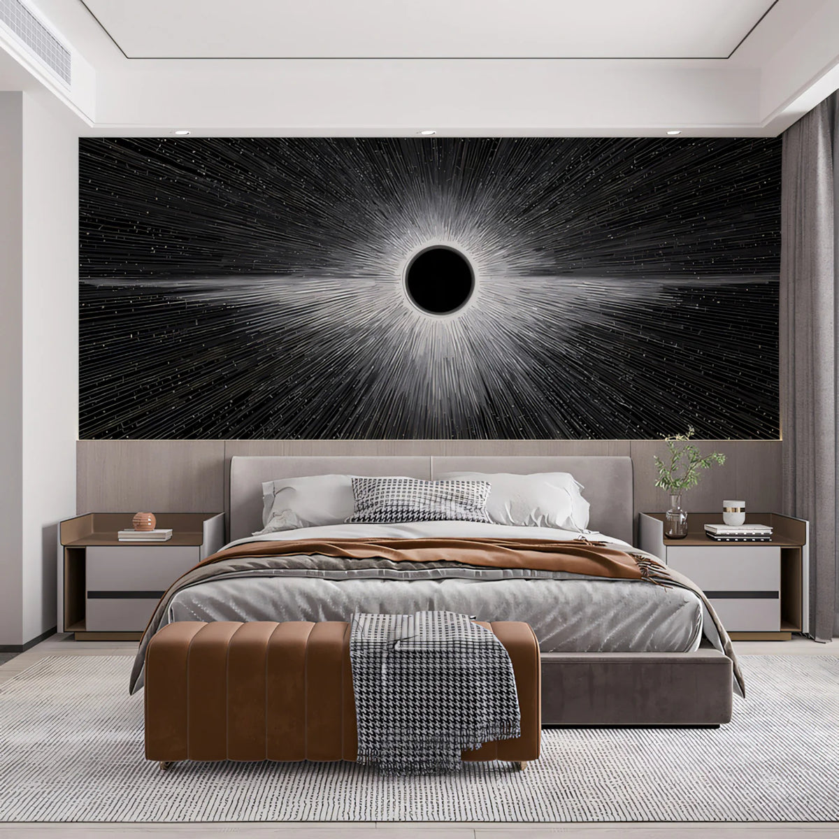 Stellar Black Hole Mural Wallpaper — High Contrast Cosmic Art Mural Wallpaper - room preview 02